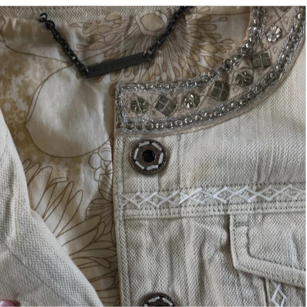 ELIE TAHARI Cotton Leather Blingy Trim Jacket in Cream Size Small — GORGEOUS!!! - Picture 8 of 11
